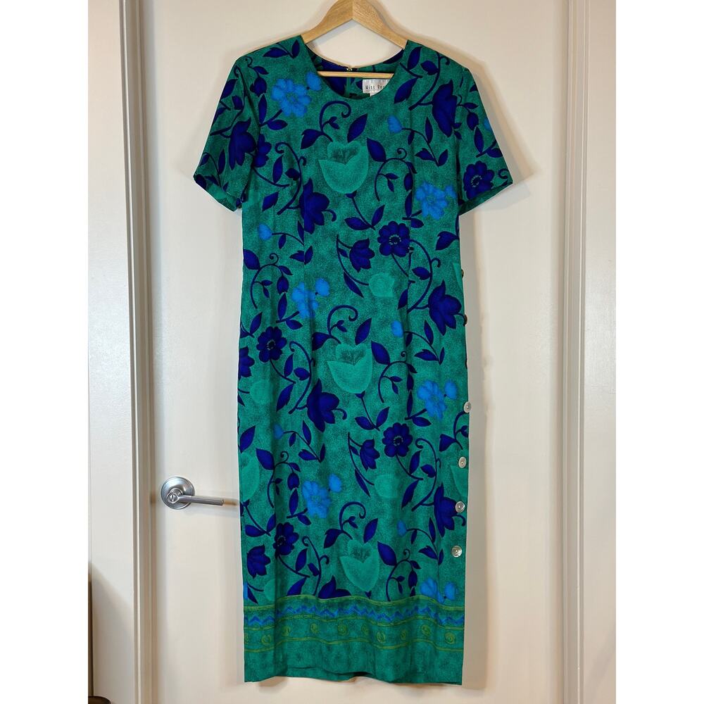 Vintage 90s Miss Dorby Green Purple Floral Abstract Dress Size 14 Secretary Chic